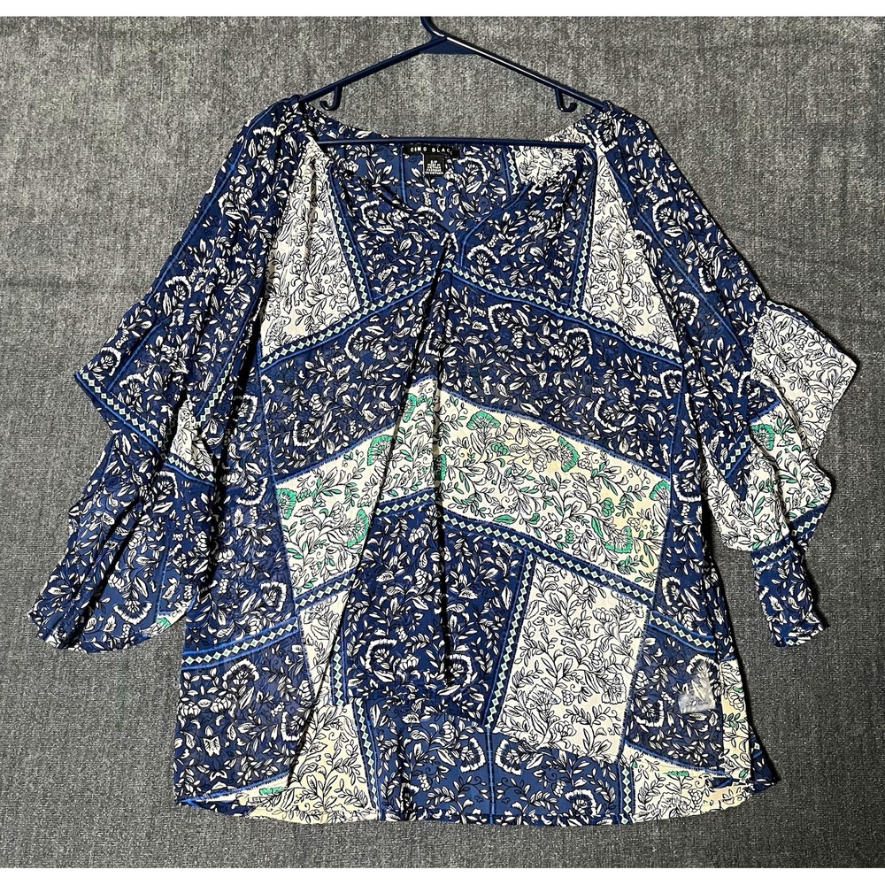 Como Black Womens S Floral V-Neck 3/4 Bell Sleeve Chiffon Tunic Blouse
